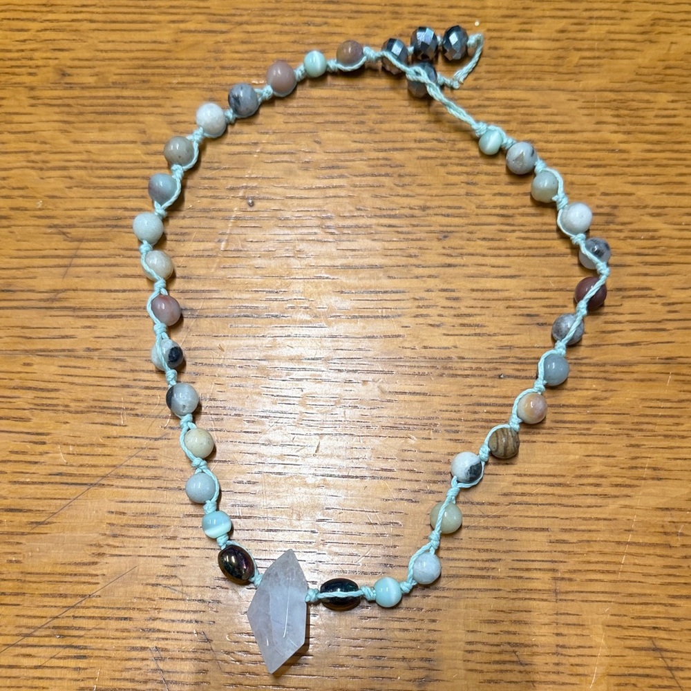 Beaded Amazonite Necklace with Quartz Pendant - Natural Multi-Color